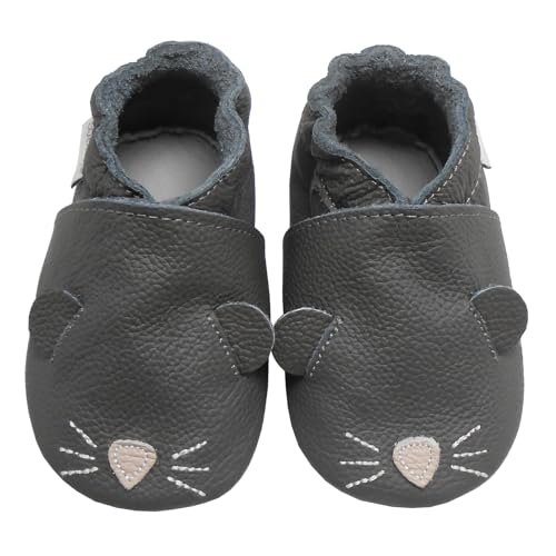 Bemesu Chaussons Bebe Chausson Cuir Bébé Chaussures Premiers Pas Bébé Garçon Fille Souris Gris foncé 18 mois-24 Mois