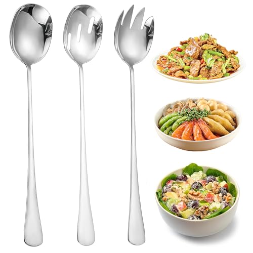 UZYXC Set de Couverts à Salade Inoxydable - Cuillère Perforée et Fourchette avec Support, Saladier Épais 410 pour Buffets et Grands Repas