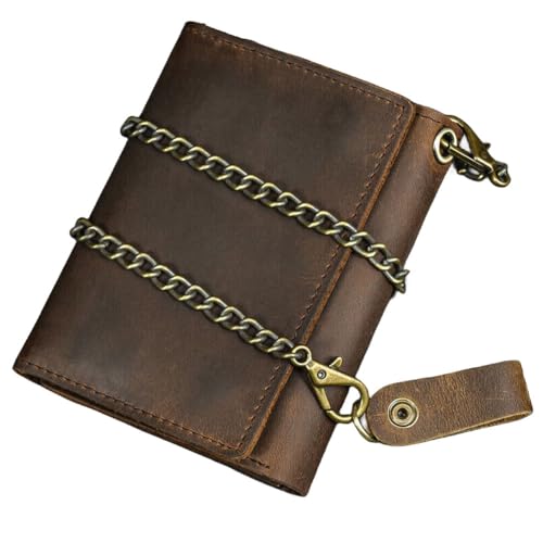 Men Tri-fold Vintage Leather Biker Chain Wallet With Snap Closur Zipper Purse Brown3