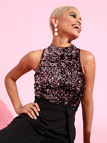 Image of Miss Chase Women's Halter Neck Sleeveless Solid Wide Leg Sequin Paneled Regular Length Jumpsuit