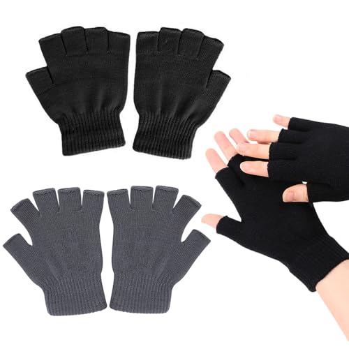 ZOCONE 2 pares de luvas sem dedos, luvas de meio dedo de malha de inverno para homens e mulheres, preto e cinzento, luvas elásticas quentes para adultos e menores com mais de 13 anos, b