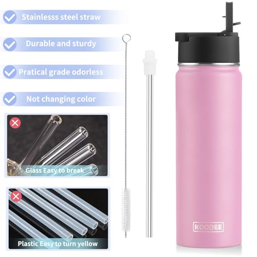 Image of koodee 22 oz Water Bottle with Straw Stainless Steel Vacuum Insulated Wide Mouth Sports Water Bottle, Girls Water Flask for School BPA Free-Pink