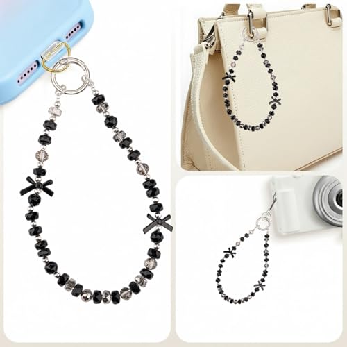 HONZUEN Handykette Perlen Kurz, Charms Anhänger Handy Kette mit Bunte Kristallperlen, Anti-Drop Handy Anhänger & Wrist Strap für Damen und Mädchen, Cute Phone Charm Zubehör, Schwarze Schleife