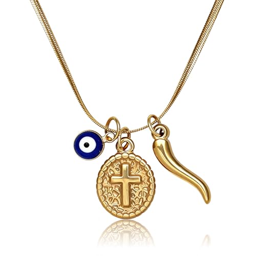 Collier chaîne à breloques femme avec croix dorée et mauvais œil