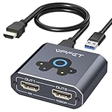 Haute résolution : le répartiteur HDMI prend en charge l'affichage HD 4K @ 60Hz et 1080P @ 60Hz. Le port OUT 1 prend en charge la sortie 4K @ 60 Hz (pour émettre 4K @ 60 Hz, veuillez connecter simultanément le câble HDMI et le câble USB). Le port OUT 2 ne prend en charge que la sortie 1080P @ 60 Hz. Remarque : le port USB doit être connecté à un ordinateur. La version USB détermine la résolution de sortie. Lorsqu'il est connecté à un port USB 3.0 de l'ordinateur, une résolution de 1080p s'affiche, une résolution de 720p est affichée lors de la connexion à un port USB 2.0 de l'ordinateur