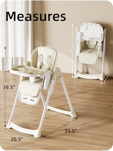 Image of Babilous High Chair, Foldable High Chairs for Babies and Toddlers with Removable Tray, Height Adjustable Feeding Chair, Adjustable Backrest and Footrest, Beige