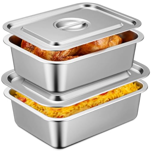 Acellegic 2 Pack 4 Inch Extra Deep Lasagna Baking Pan with Lid, 11 inchx14.2 inch 7.4qt & 8.6 inchx12.5 inch 4qt Rectangular Large Stainless Steel Nonstick Lasagna Roasting Pans Set Deep Baking Dish Set for Oven  