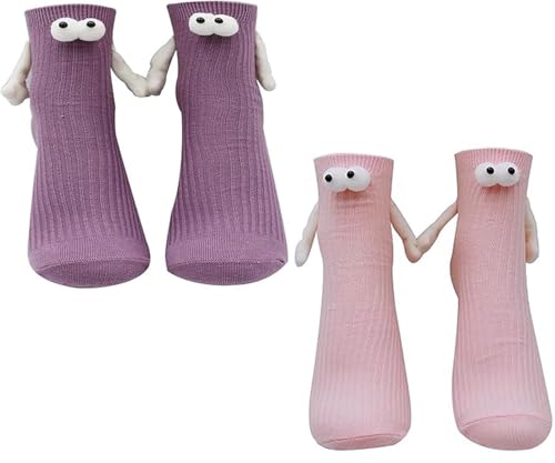 2Pairs Funky Socks for Kids Adorable&Funny Socks Crazy Odd Sox for Girls Cute Hand Holding Silly Socks (UAE/KSA Age One Size Regular purple&pink)