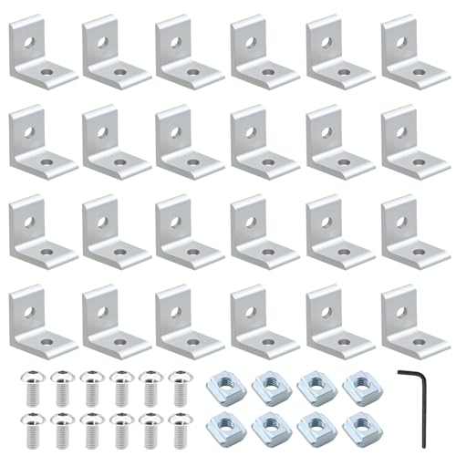 Image of 24 Pack 2020 Corner Bracket Connector 20 Series Aluminum Extrusion Profile Accessories Hardware, 90 Degree Angle Bracket for 20x20 Extruded Aluminum Silver