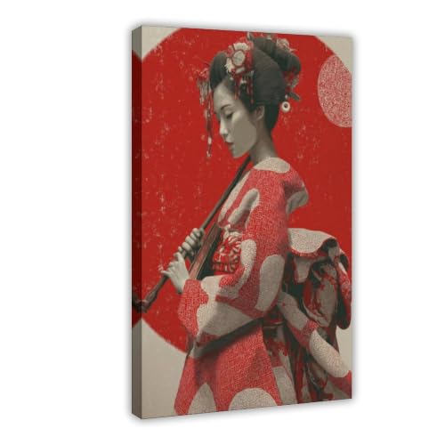 Poster geisha samouraï sur toile 20x30 cm pour décoration murale