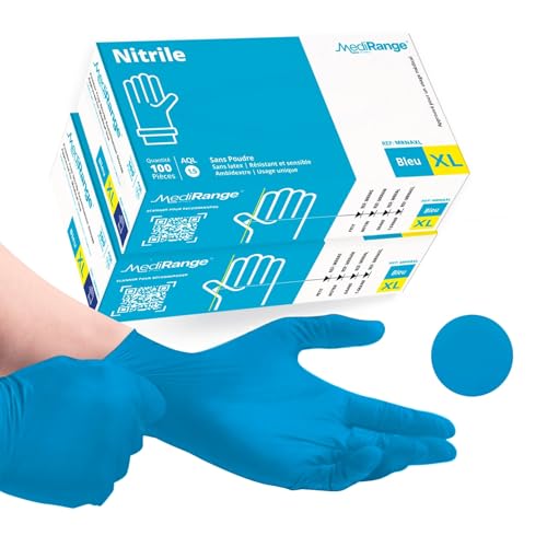 Farla Medical MediRange Gants Jetables XL, Gants Nitrile Bleus à Usage Lourd, Sans Poudre, Gants Sans Latex, et Sans Protéine, Médical, Alimentaire, Multi-Usage, Pack de 200