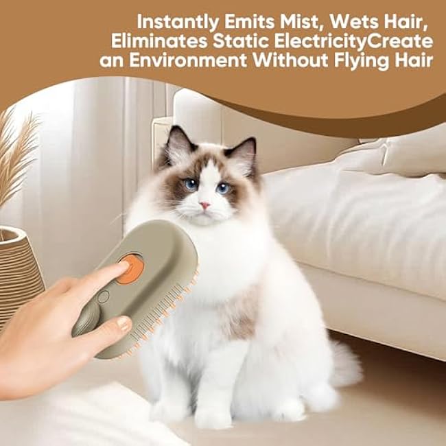 4 in 1 Cat Steam Brush for shedding ¨C Self-Cleaning Comb for Long and Short Hair Cats and Dogs, Steam Pet Brush for Hair Removal, Vibrating Message, Grooming & Relaxation (Khaki)-36pLPLPk