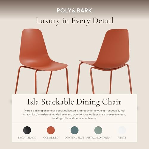 Image of Poly & BARK Isla Stackable Dining Chairs Set of 4 - Mid Century Modern Plastic Dining Chair with Metal Legs - Kitchen & Dining Room Chairs - Dining Table Chairs Set - Indoor /Outdoor - Coral Red