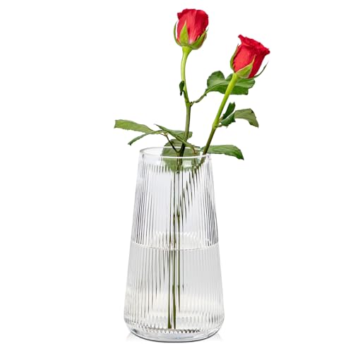 Dekovase Glas Modern Vasen mit Rillen Dekorative Blumenvase Ins Style Tischdeko für Hochzeit, Büro, Küchen Dekoration, Höhe ca. 20 cm