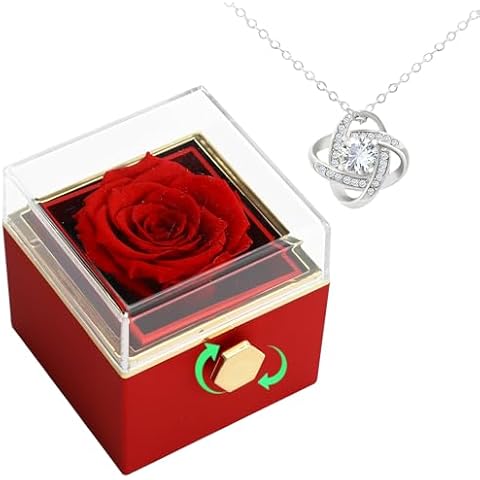 AINYROSE Rotate Preserved Red Rose Box Gifts with Silver Necklace Forever Flower Rose Christmas Birthday Valentine's Day Gifts for Woman Mom Wife Anniversary Girlfriend Cover