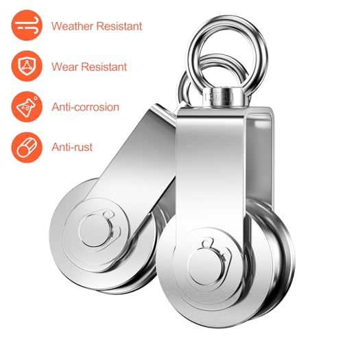 Frevoitna 2 Stück Umlenkrollen für Seile, Umlenkrolle Edelstahl, Seilrolle Silber, Riemenscheibe, Seilrollen, Pulley, Riemenscheiben Abzieher, Laufrollen mit Kugellager, Flaschenzug, Tragkraft 250kg