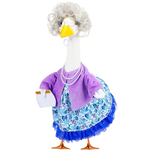 Abbylike Old Lady Porch Goose Outfits Grandma Goose Clothes with Sunglasses Pearl Necklace and Silver Wig for 23" Geese Statue Outdoor Patio Yard Lawn Decoration