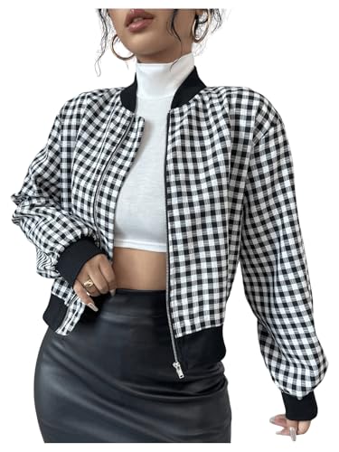 MakeMeChic Women's Plaid Full Zip Mock Neck Bomber Jacket Lantern Sleeve Coat