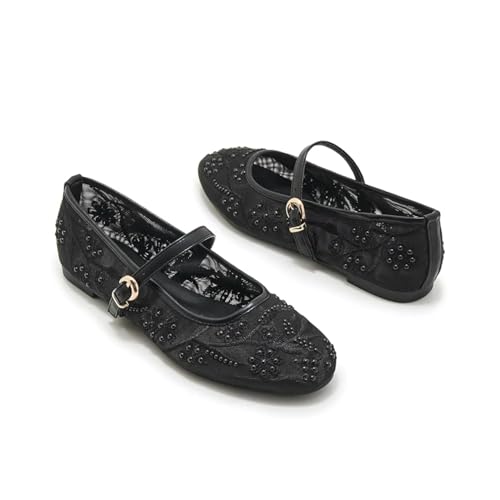 Image of Mesh Ballet Flats for Women Embroidered Floral Mary Jane Flats Round Toe Slip On Ballerina Shoes Comfortable Casual Daily Dress Flat Shoes