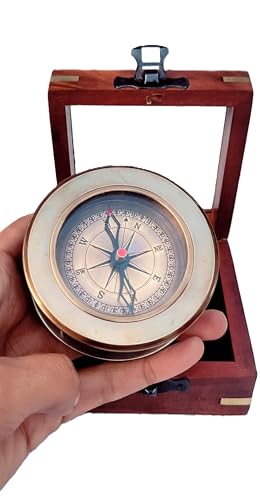 Brújula de latón antiguo con lupa y caja de madera miniatura 1