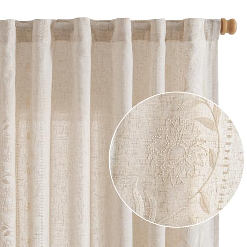Image of jinchan Ivory Floral Linen Curtains for Living Room 96 inch Back Tab 2 Panels