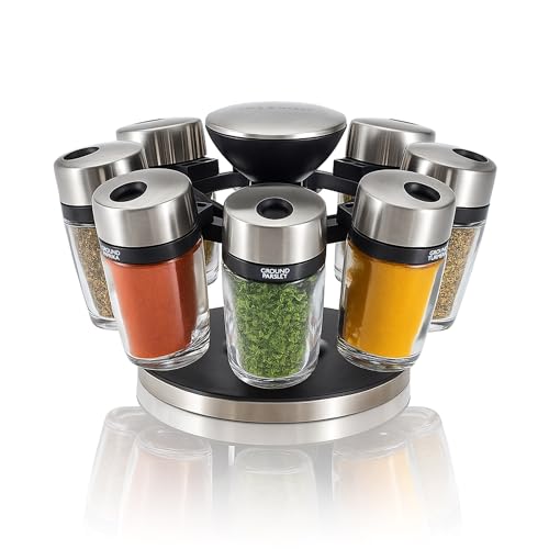 Cole & Mason H121807 Cambridge Carrousel à Épices et Herbes, 8 Pots en Verre, Étagère à Épices, Rotatif 360°, Présentoir à épices, Rangement épices,...