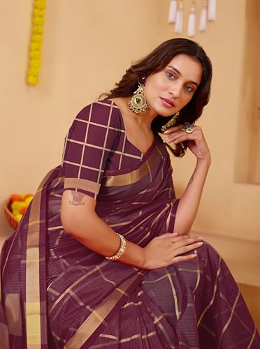 Image of StyleScope Women's Kota Doria Cotton Zari Checks Manipuri Saree With Unstitched Blouse Piece (Malanng)