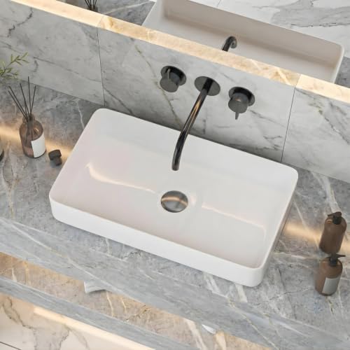 Image of OSOSAM Countertop Ceramic Wash Basin for Bathroom | Glossy White Rectangle Vessel Sink | Modern Table Top Vanity Basin for Home & Hotel | 24 x 14 x 5 Inch