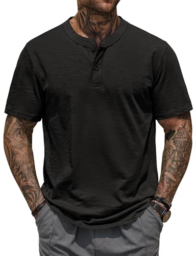 Mens Henley Shirts Casual Loose Fit Stretch Plain Short Sleeve T-Shirts (S-XXL)
