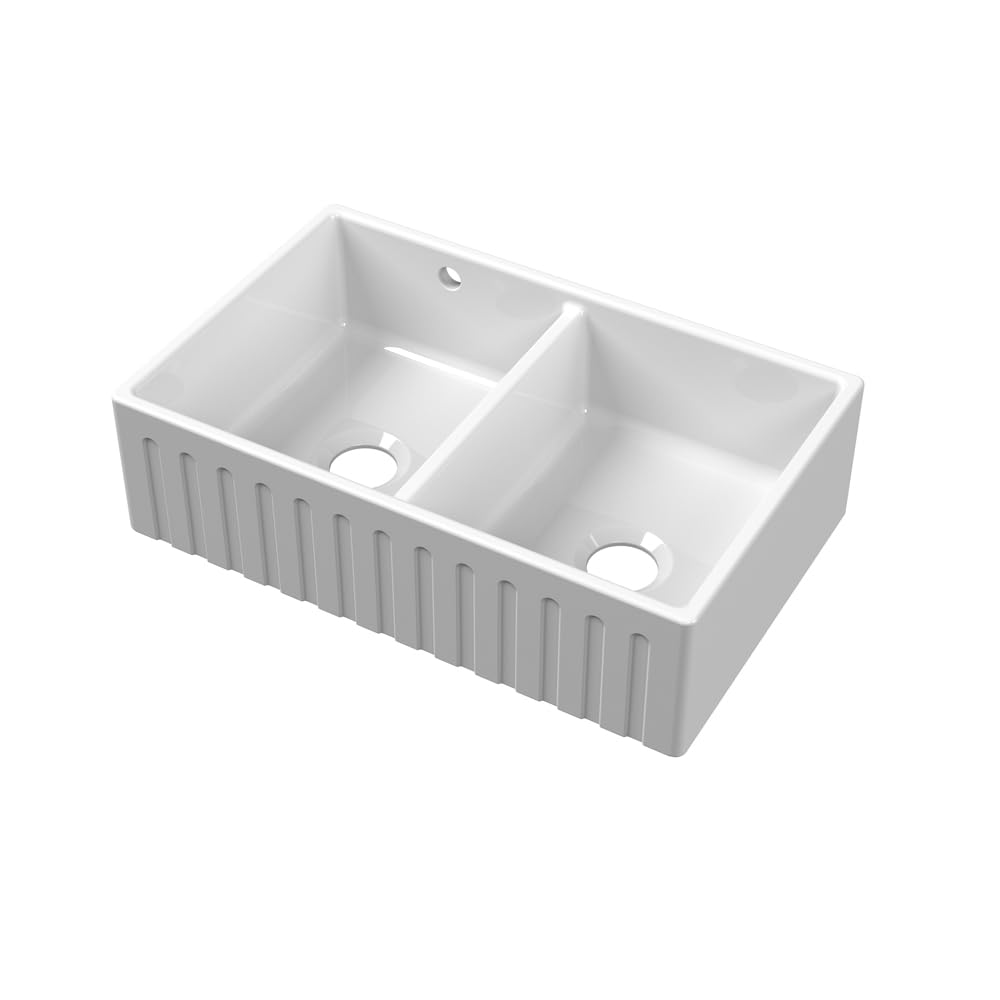 Milano Hendon White Fluted Fireclay Ceramic Rectangular Double Belfast Kitchen Sink - 795mm x 500mm