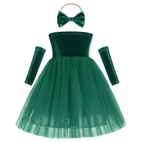Baby Strapless Velvet Dress for Girls Velvet Tutu Dress Toddler Velvet Christmas Dress Fall Winter Tulle Princess Pageant Holiday Birthday Party Wedding Dress Headband Armbands Dark Green 4-5 Years