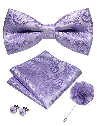 Image of RBOCOTT Paisley Bow Tie and Pocket Sqaure Set with Lapel Pin and Cufflinks for Men