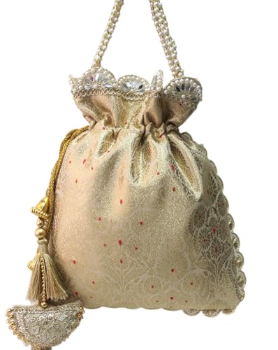 Image of MILAN'S CREATION Pure Banarasi Potli Silk Brocade Bag Purse Drawstring Women's handbag with Pearl Handle & Tassel Weddings