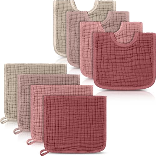 Image of Tallew 8 Pack Muslin Burp Cloths and Baby Bibs for Boy Girl 20 inch x 10 inch Cotton Baby Bandana Drool Bibs Muslin Burp Cloths Absorbent Rag for Newborn Toddler Infant Gifts(Dark Pink)