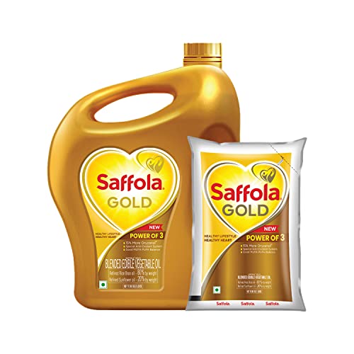 Image of Saffola Gold Refined Cooking oil | Blended of Rice Bran & Sunflower oil | 5 Litre Jar + Free 1 Litre Pouch