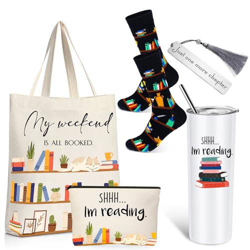Silkfly 5 Pcs Book Lovers Gifts Set, Gifts for Book Lovers, Includes 20 oz Tumbler Socks Bookmark Tote Bag and Cosmetic Bag