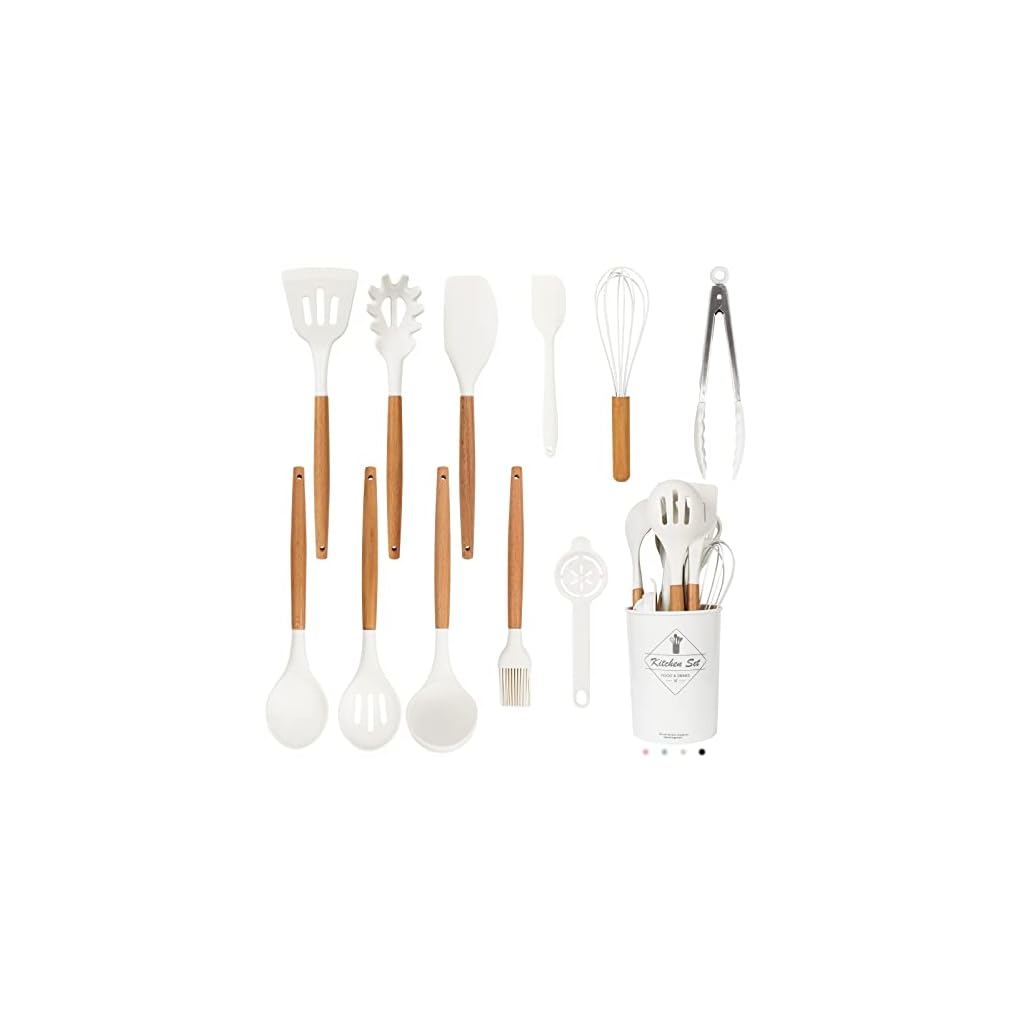 White-Kitchen-Utensils-Set-12-Pieces-Silicone-Cooking-Utensils-Set-with-Wooden-Handle-Dishwasher-Safe-392F-Heat-Resistant-Spatula-Set-Nonstick-CookwareBest-Kitchen