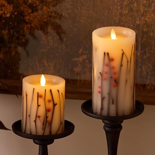 Image of Luminara - Flameless Flickering Moving Flame Battery Operated Unscented Candle LED Decor & Gift- Embedded Pillar Collection (Orange Berries & Twigs, 3.2 inch x 4.5 inch)