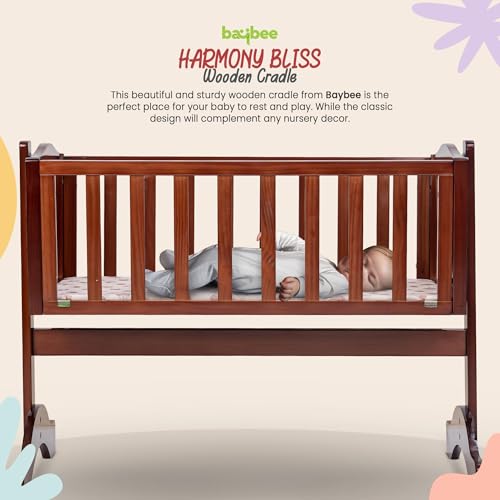 Image of BAYBEE 2 in 1 Wooden Cradle for New Born Baby with Swing Lock Function, Portable Bassinet with Sleep Swing Mattress, Baby Bedding Set, Wooden Cot Crib for 0 to 2 Years Harmony Bliss