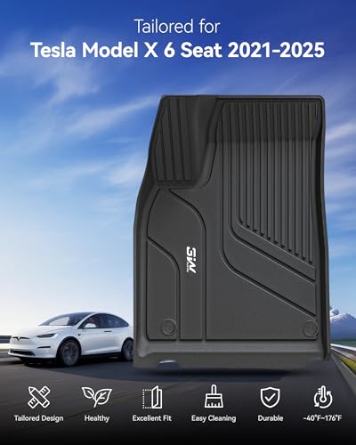 Image of 3W Floor Mats Fit for Tesla Model X 6 Seat 2021-2025 2026 | All Weather TPE Custom Fit Floor Liners for 1-3 Rows Full Set Car Mats, Black, Over 10 Years Lifespan