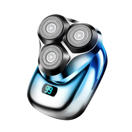 Mini rasoir électrique portable pour homme - Rasoir électrique sans fil USB - 3D rotatif - 3 têtes de rasage - Tondeuse à barbe - Rasoir rotatif LED - Nettoyage en profondeur - Bleu