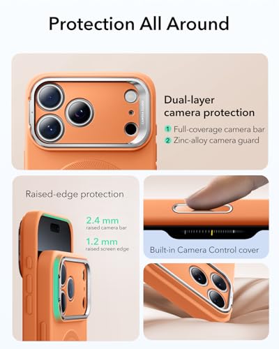 Image of ESR Silicone Case for iPhone 17 Pro, Built-in Camera Stash Stand Compatible with MagSafe, Military-Grade Drop Protection Magnetic Phone Case for iPhone 17 Pro, Cloud Series, Orange
