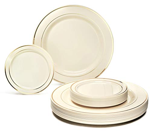 " OCCASIONS" 50 Plates Pack, Heavyweight Premium Disposable Plastic Plates Set (25 x 10.5'' Dinner + 25 x 6.25'' Cake plates) Ivory & Gold Rim #1