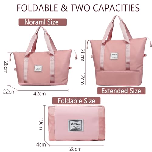 flintronic Reisetasche Damen, Faltbare Reisetasche, Sporttasche, Handgepäck Tasche, Wasserdicht Travel Bag Duffle Bag, Trainingstasche, Handtasche für Sport & Reisen (Mit 1 Gepäckanhänger)-Rosa