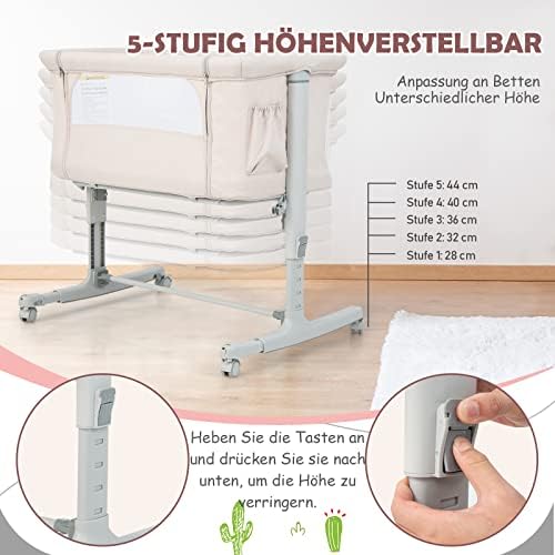 FANTASK 3 in 1 Beistellbett & Babywiege & Reisebett, 5-stufig Höhenverstellbares Babybett, neigbar, Beige