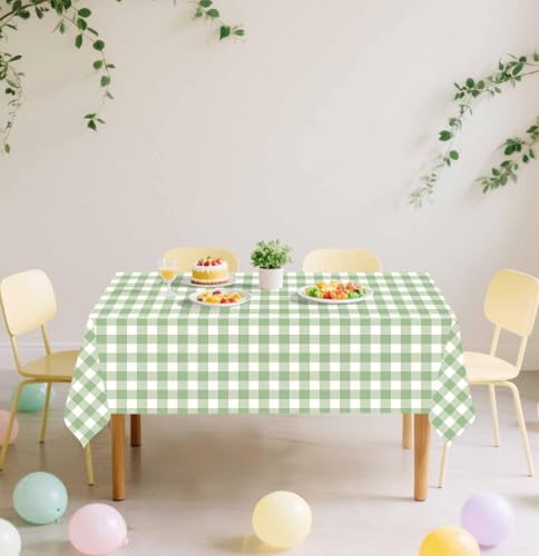 Image of 2 Pack Sage Green Gingham Tablecloth Rectangle 54 x 108 Sage Green and White Checkered Table Cloth Disposable Plaid Table Cover Plastic for Birthday Baby Shower Picnic Wedding Party Supplies