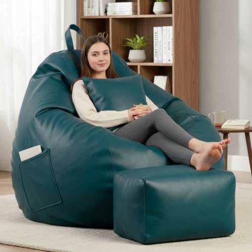 Image of KAM'S LIEU 5XL Luxury Faux Leather Bean Bag with Footrest & Cushion | Pre-Filled High-Density Polystyrene Beans | Premium Leatherette | 6 Months Warranty Color- (Teal, Without Footrest)