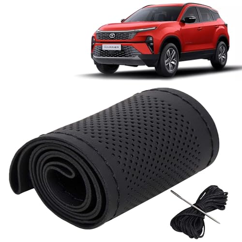 Image of KINGSWAY PU Leatherite Car Steering Cover Sewable Compatible with Tata Harrier (Year 2023 Onwards), Black Color with Black Thread, Pack of 1 with Sewing Needle and Thread