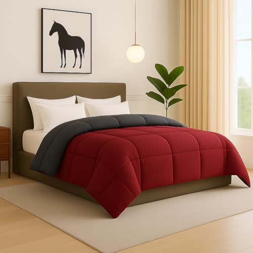 Image of Bed Comforter - Single Size - Elegant Dark Grey & Burgundy - 300 GSM Quilt Blanket Rajai - Winter Warm Down Alternative Duvet Insert with Corner Ties