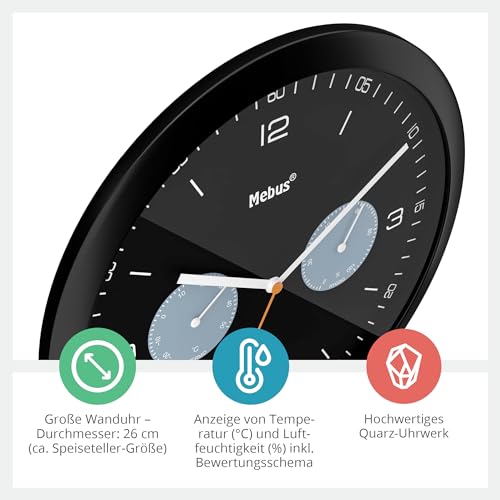 Mebus Quartz Wall Clock with Thermometer and Hygrometer/Plastic/Round/Model: 16100 / Colour: Black/Diameter 26 cm - Image 2